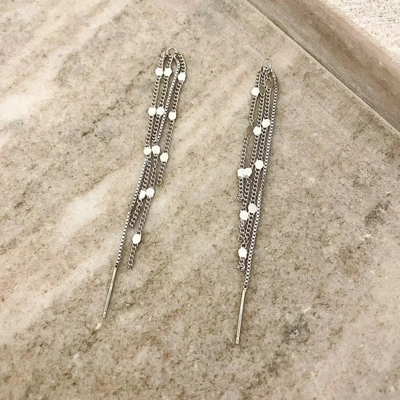 925 Sterling Silver Threader Earrings Shiny Sequin Drop Earrings - Picture 4 of 6